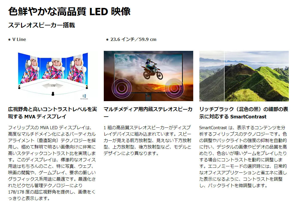 【中古モニター】23.6インチ メーカー PHILIPS 型番 243V5QHABA/11 入力端子 HDMI D-Sub DVI 解像度 1920x1080 中古 液晶 モニター PC ディスプレイ