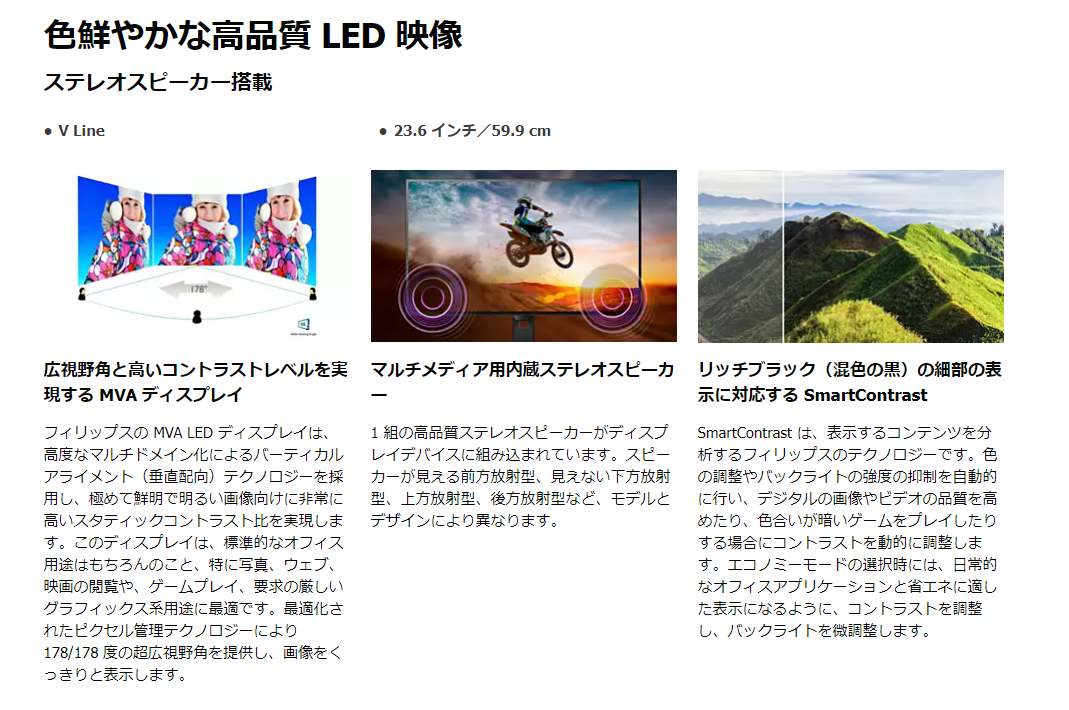 【中古モニター】23.6インチ メーカー PHILIPS 型番 243V5QHAWA-11 入力端子 DVI D-Sub HDMI 解像度 1920x1080 中古 液晶 モニター PC ディスプレイ