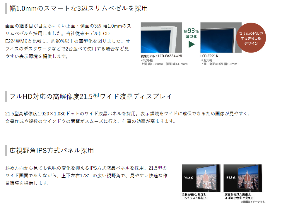 【中古モニター】21.5インチ メーカー NEC 型番 LCD-E221N 入力端子 D-Sub DisplayPort HDMI 解像度 1920x1080 中古 液晶 モニター PC ディスプレイ