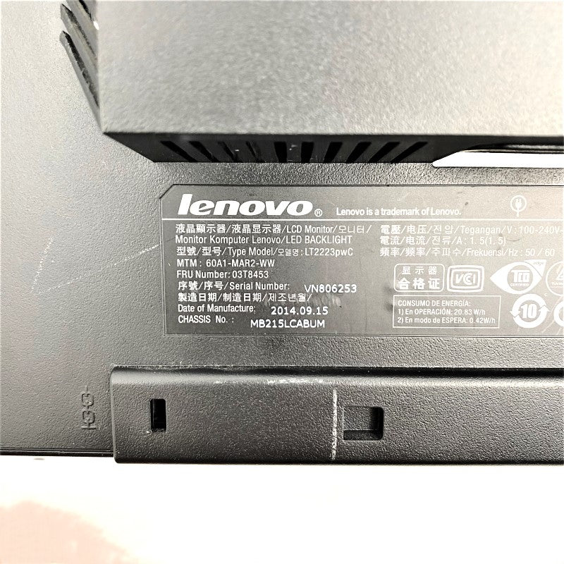 【中古モニター】21.5インチ メーカー Lenovo 型番 60A1-MAR2-WW 入力端子D-Subx1 HDMI DisplayPort 解像度 1920x1080 中古 液晶 モニター PC ディスプレイ