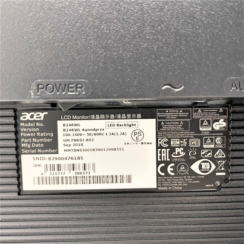【中古モニター】24インチ メーカー Acer 型番 B246WL 入力端子 HDMI DVI D-port 解像度 1920x1200 中古 液晶 モニター PC ディスプレイ