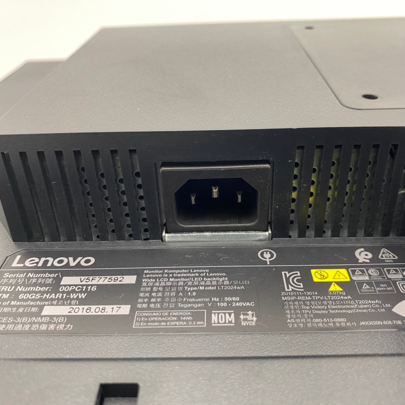 【中古モニター】20インチ メーカー Lenovo 型番 60G5-HAR1-WW 入力端子D-Sub DVI-D 解像度 1600x900 中古 液晶 モニター PC ディスプレイ