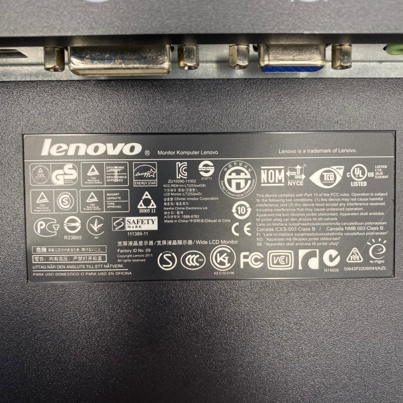 【中古モニター】22インチ メーカー LENOVO 型番 LT2252pwD 入力端子 DVI D-Sub Displayport 解像度 1680x1050 中古 液晶 モニター PC ディスプレイ
