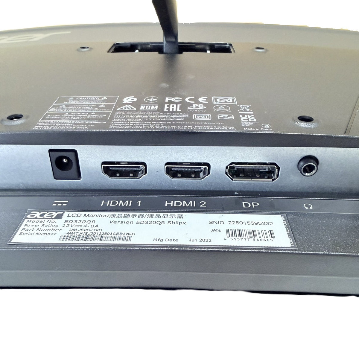 【中古モニター】31.5インチ メーカー Acer 型番 ED320QR 入力端子 HDMI DisplayPort 解像度 1920x1080 Aランク 中古 液晶 モニター PC ディスプレイ